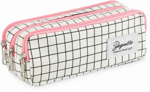 Biały piórnik szkolny trzykomorowy z różowymi suwakami w czarną kratę ZG722